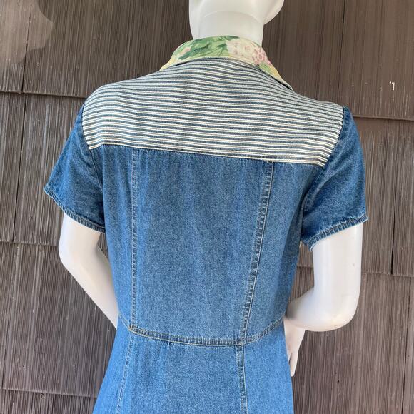 🔥VTG Nina Piccalino Denim Dress Fit & Flare Button Down Patchwork Boho Cottage - Picture 8 of 14